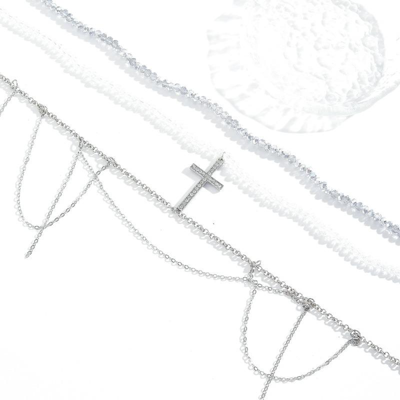 Hot-selling tassel diamond cross pendant necklace female niche hip-hop design sense multi-layer winding collarbone chain