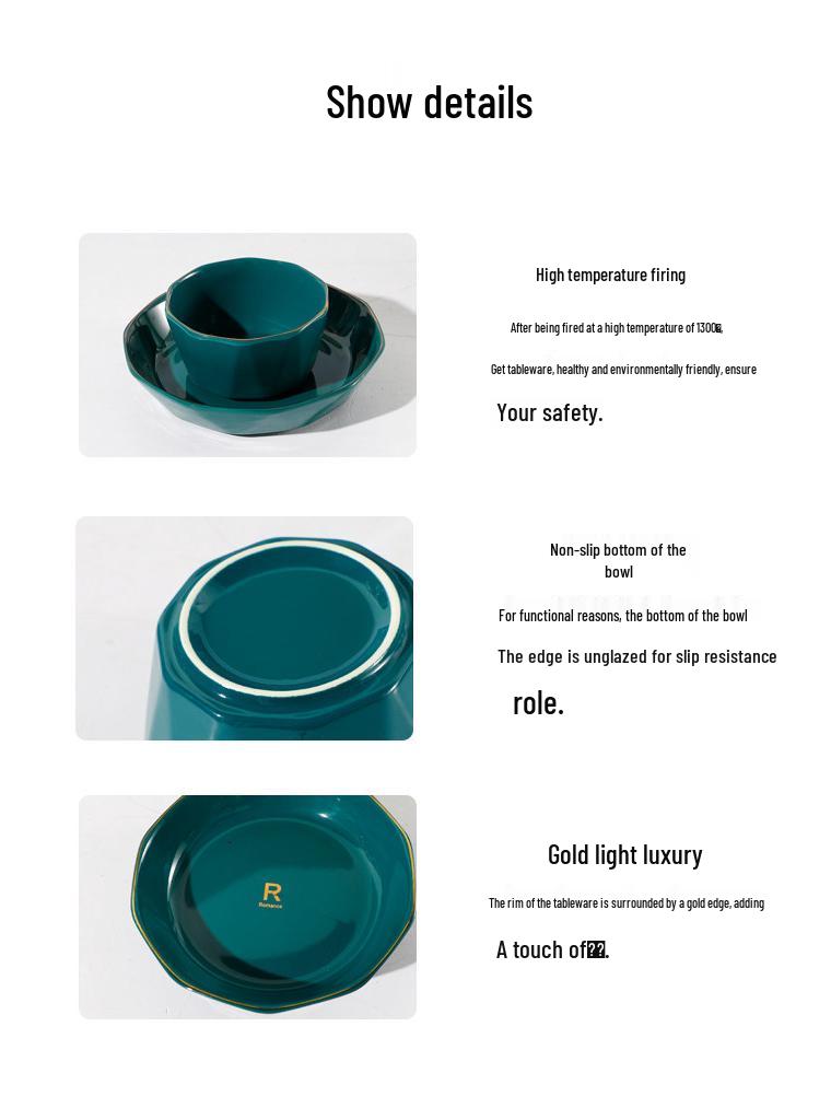 Luxury Peacock Green Tableware Set: Gold-Rimmed Bowl & Plate