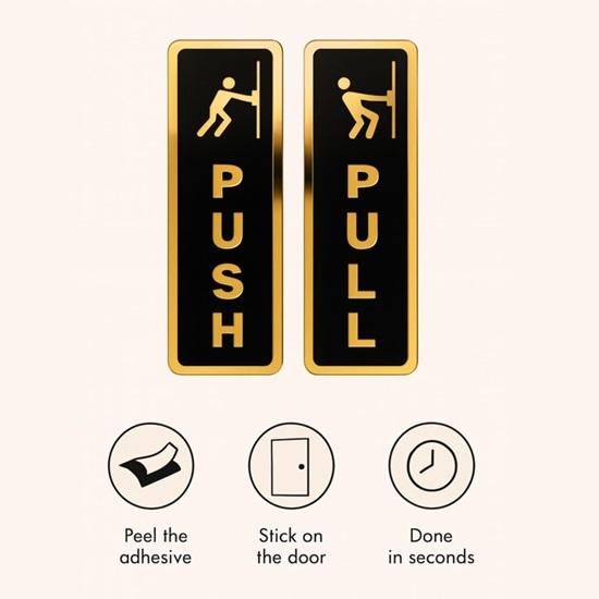 Push–Pull Door Sign – Self‑Adhesive Acrylic (Black/Gold),  Ideal for Offices, Restaurants, Hotels, Homes (Verticle Golden)