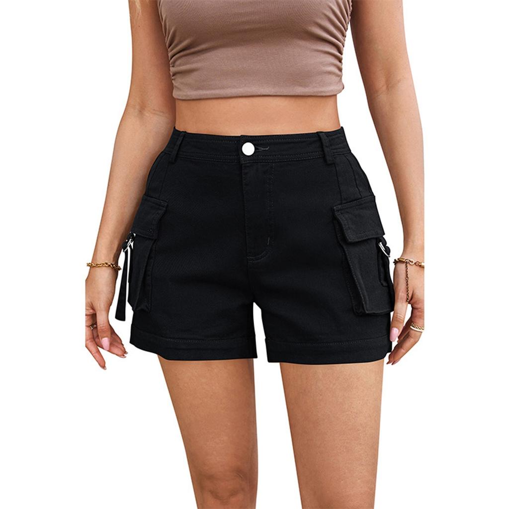 Women's High Waist Fashionable Personality Stretch Casual Denim Workwear Pocket Shorts