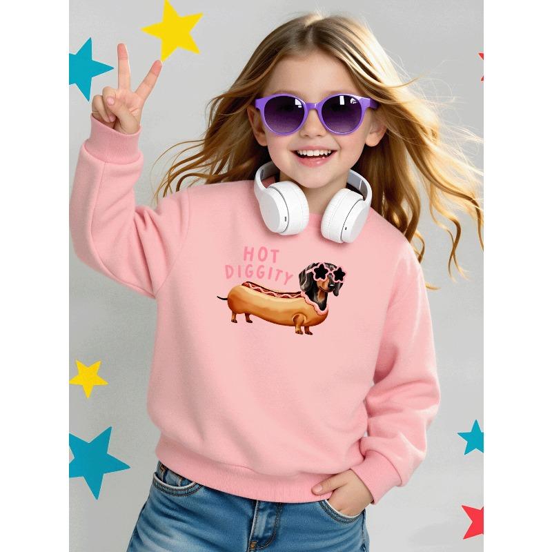 Felpa morbida da ragazza con girocollo, Stampa Fashion Hot Diggity Dachshund con Stampa carina e creativa, Casual e versatile per Autunno Inverno