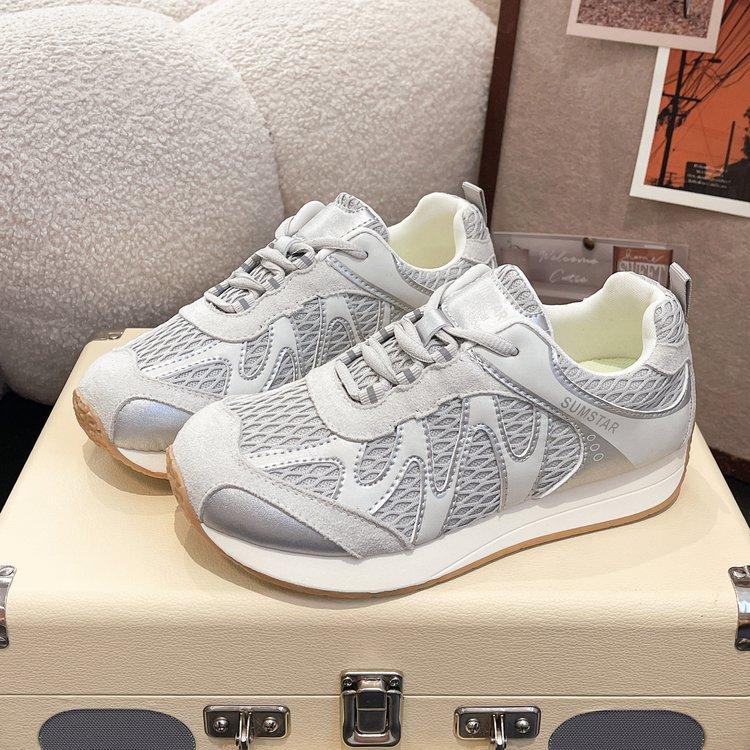 Leather Mesh Platform Sports Casual Shoes Women's 2025 Summer New Breathable Outdoor Hiking Shoes Jogging Shoes