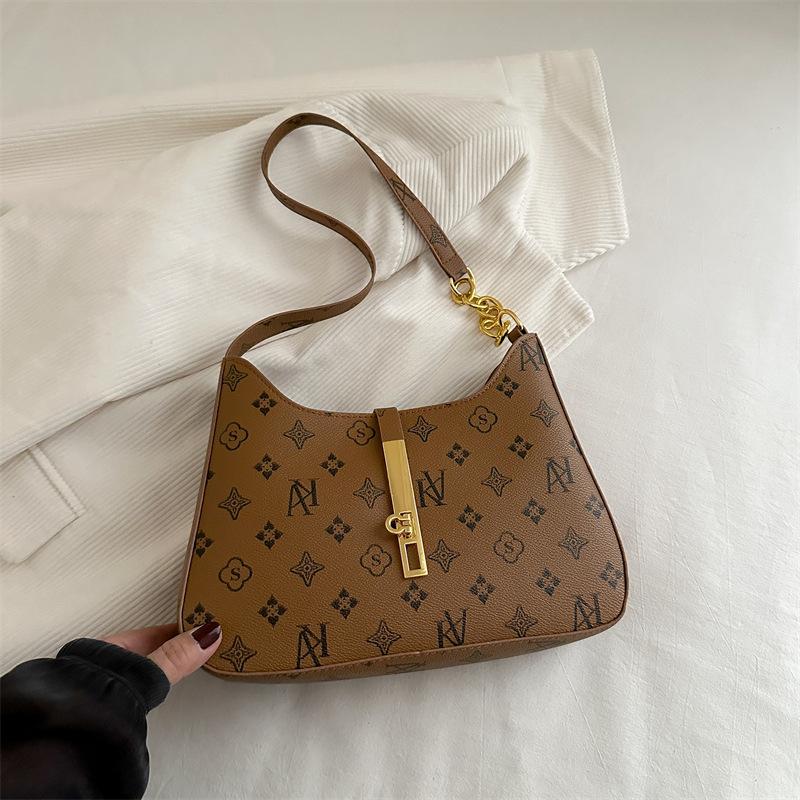 

Модна текстурна сумка-багет на ланцюжку через плече великої місткості з принтом, тренд 2025, новий повсякденний замок світло-коричневого кольору