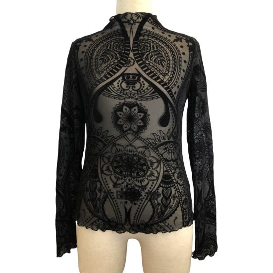 Damen Tops Rundhals Langarm Slim Fit Frühling Herbst Pullover Tops Durchsichtiges geometrisches Spitzenblumennetz T-Shirt