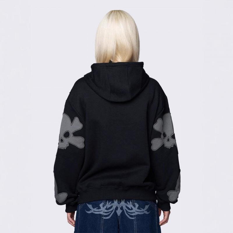 Übergroßer Kapuzen-Reißverschluss-Sweatshirt Mit Totenkopf-Print Streetwear Lockerer Schnitt Damen Herbst Winter