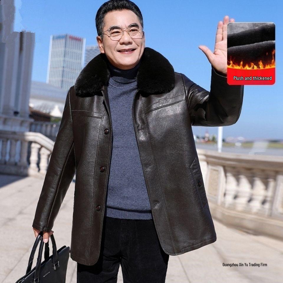 Men's Winter Leather Jacket with Fur Collar: Fleece-Lined, Thick Overcoat for Ages 50-60, Button-Up Style for Warmth.