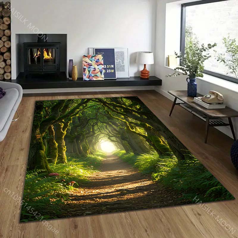 1PC Green Forest Path Sunlight Print Carpet Rug for Living Room Bedroom Sofa Doormat Home Decor Non-slip Floor Mat