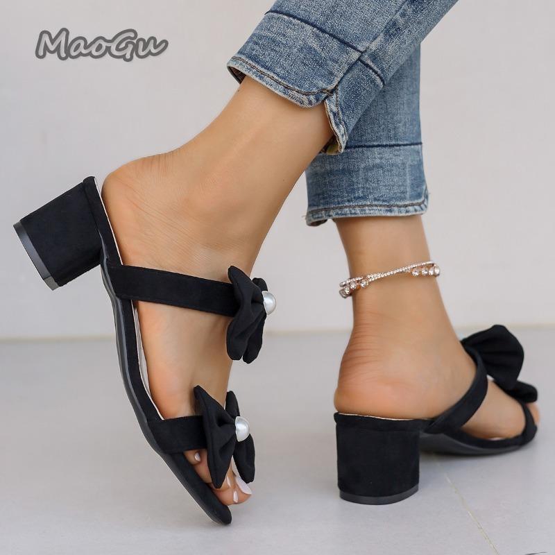 Fashion Summer Women's Footwear Thick Heel Sandals Women Fashion Pointed Toe Butterfly Knot Anti-slip Slippers Sandalias De Mujer Size36