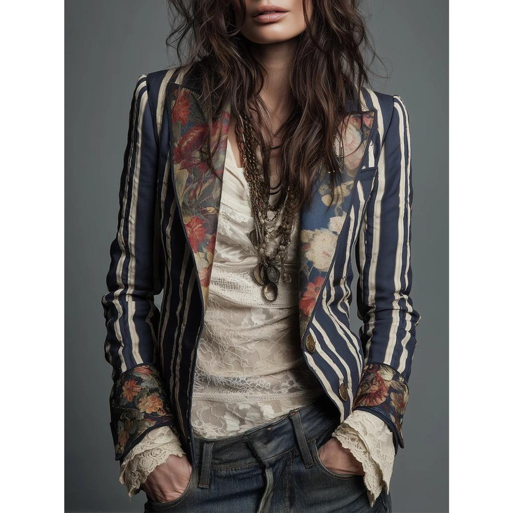 Women's Collared Long Sleeve Striped Blazer Slim Fit Floral Patchwork Casual Open Front Jacket
