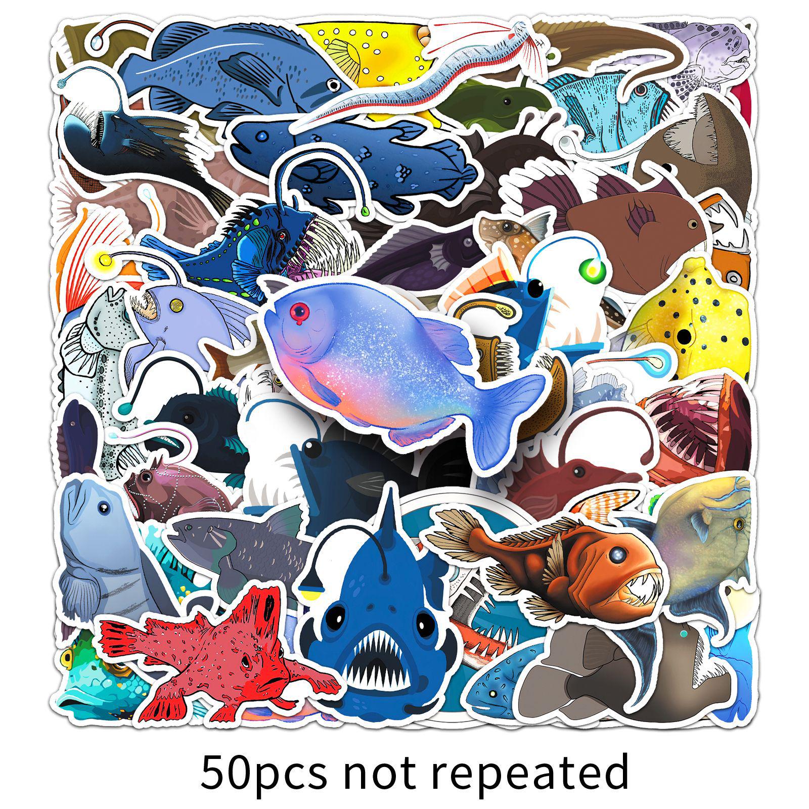 50 Deep Sea Fish Cartoon Stickers: Waterproof Marine Life Decor for Suitcases & Storage Boxes