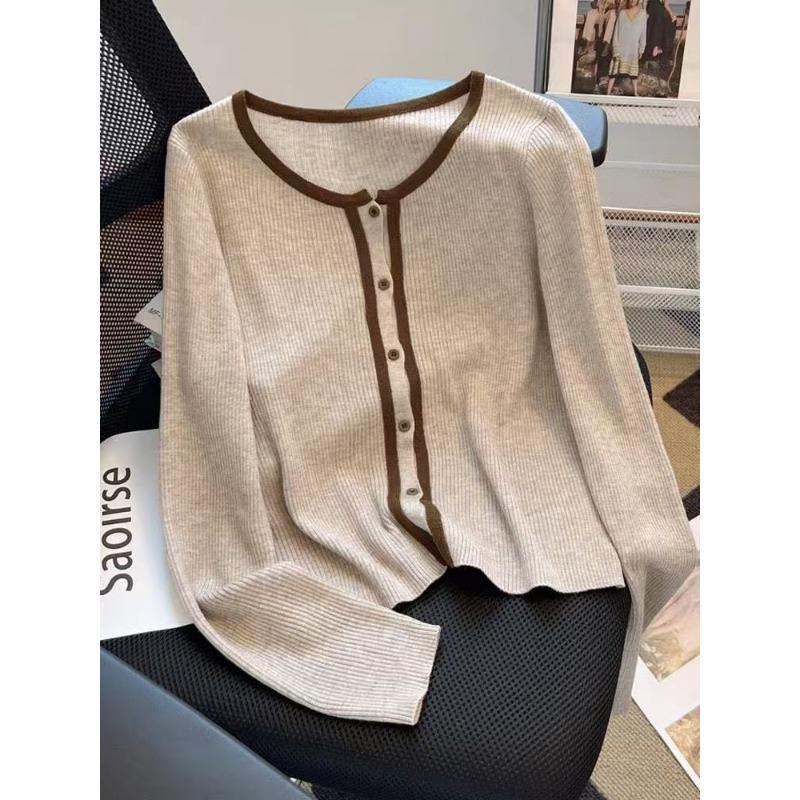 

Вязаный кардиган свитер с длинным рукавом Осень Новый Большого размера Женская одежда Контрастные цвета Тонкий свитер Уникальный Шикарный Топ 2XL/130-140