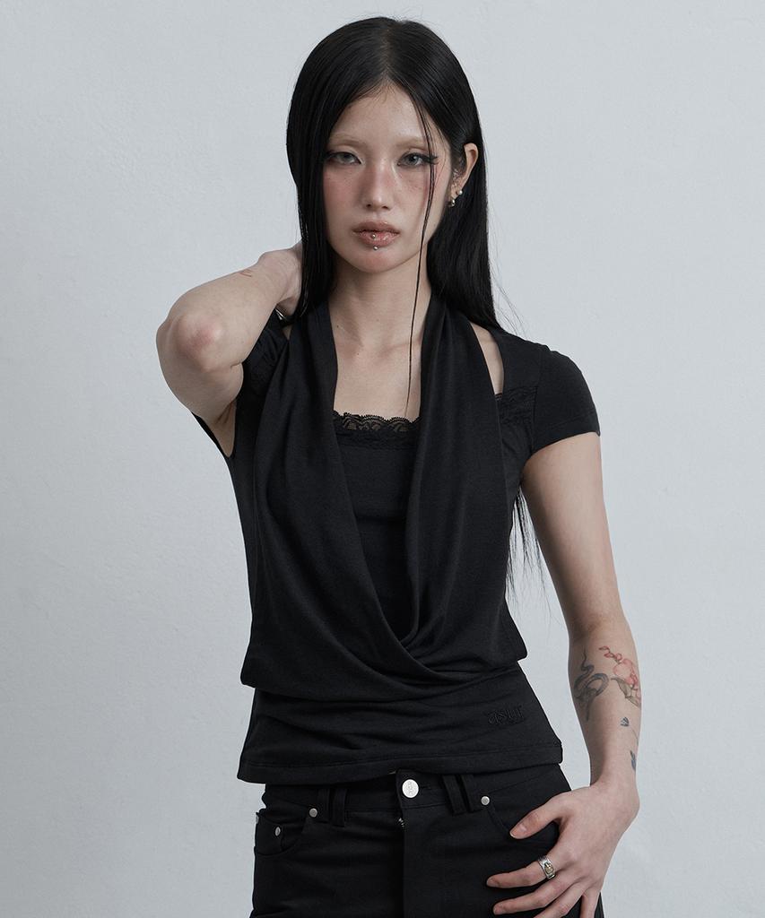 Aejeuyua Lace Cowl Neck T-Shirt Black