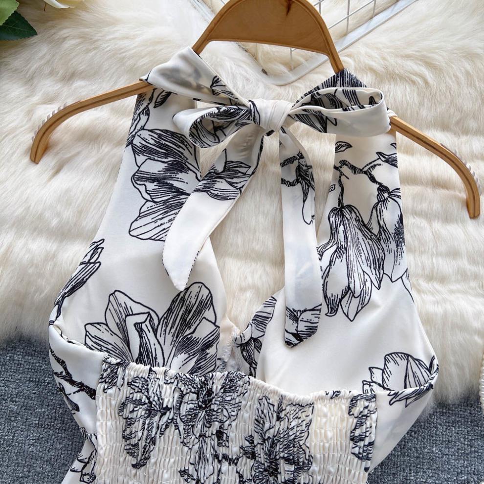 Celebrity Floral Halter Neck Backless Top - Women's Summer Trendy, Sexy, Versatile Vest