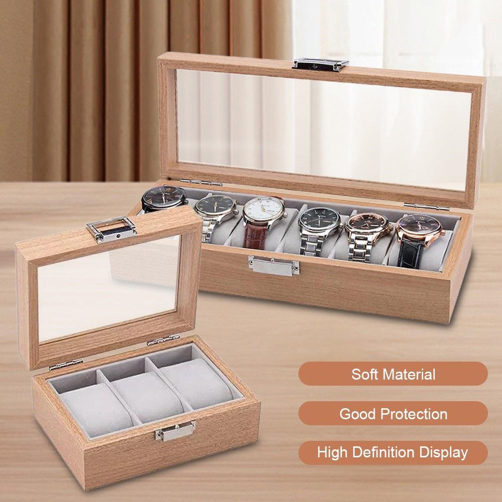 3/6 Grid Slot Watches Case Wooden Glass Watch Box Display Jewelry Metal Lock Organizer Wooden Watch Storage Box
