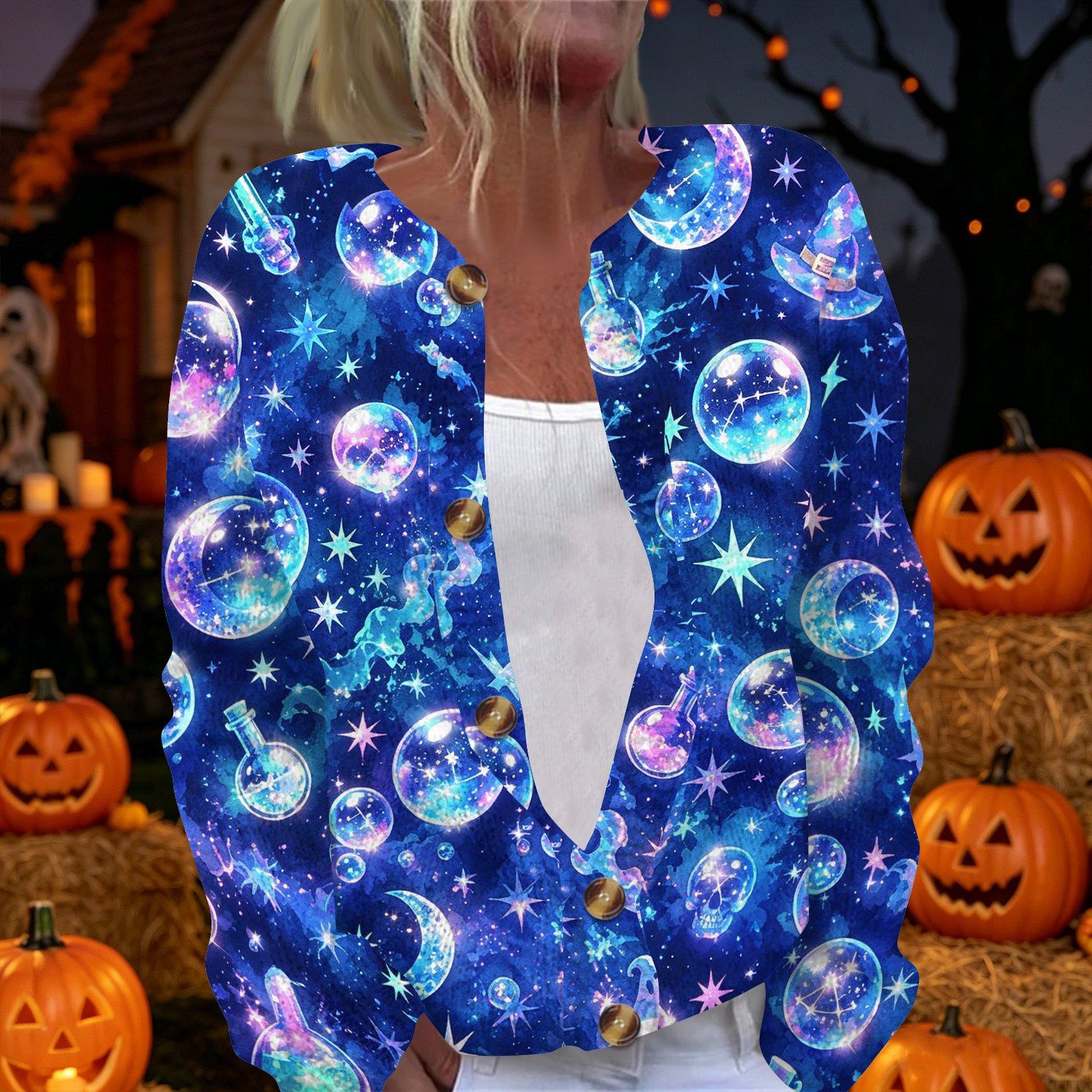 Women s Long Sleeve Knit Cardigan with Halloween Print Button Front for Casual Fall Fashion XL