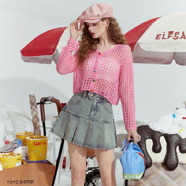 2025 Summer Korean V-Neck Hollow Loose Knit Cardigan for Women