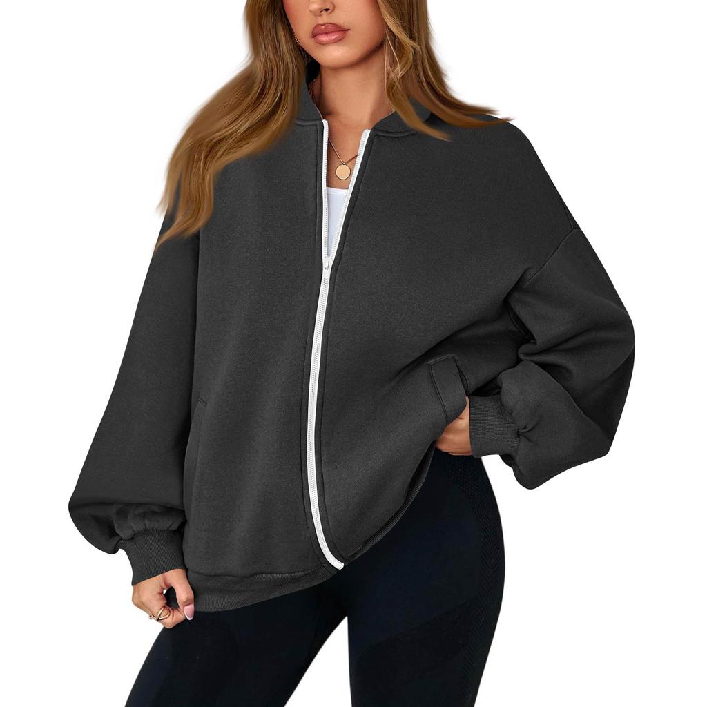 Women's Fashion Long Sleeve Color V-Neck Loose Oversize Zipper Jacket