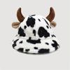[Cow Print Plush Hat] Black And White Cow Print Plush Hat, Cute Horn Thickened Warm Beanie, Fashionable Versatile Fisherman Cap