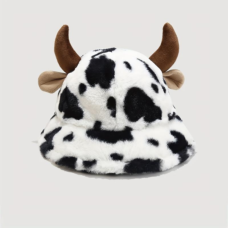 [Cow Print Plush Hat] Black And White Cow Print Plush Hat, Cute Horn Thickened Warm Beanie, Fashionable Versatile Fisherman Cap