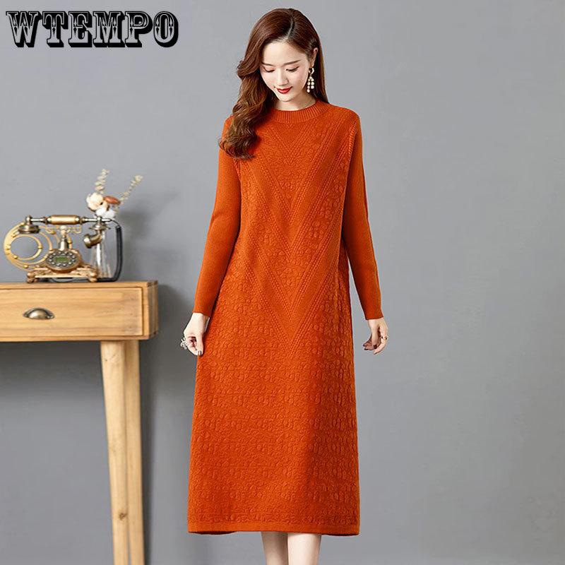Plus-size Sweater Dress for Women in Autumn and Winter Long Knee-length Knitted Sweater Loose Solid Color Pullover