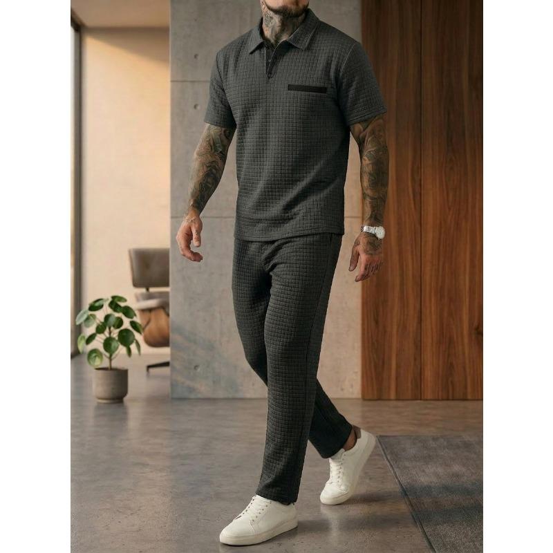 Solid Waffle Mens Casual Short Sleeve Polo Shirt And Long Pants Set