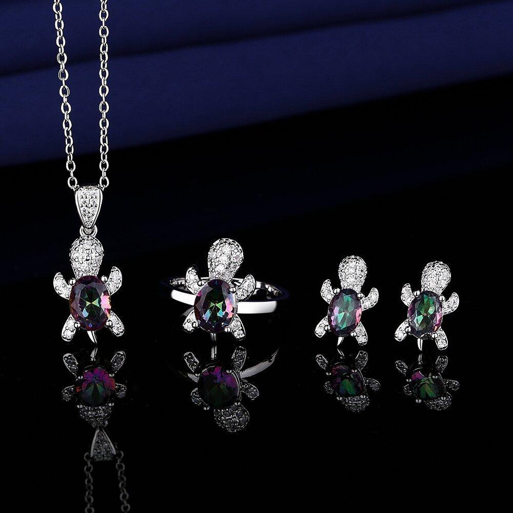 Fashion Turtle Inlaid Colorful Zircon Earrings Necklace Ring Three-piece Set Jewelry Ring Size:Adjustable