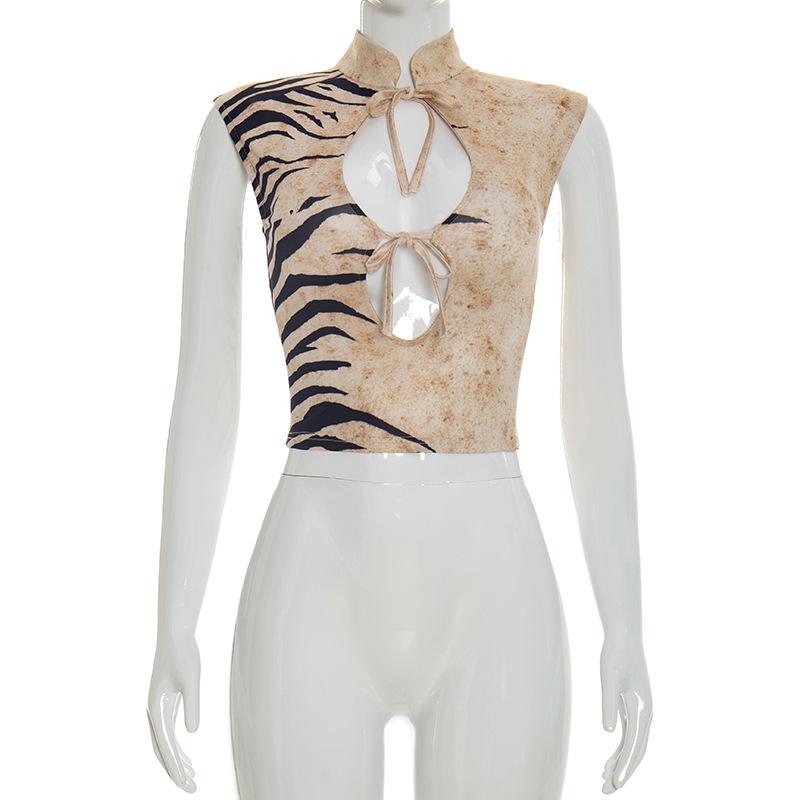 Spring/Summer Women s Versatile Printed Lace-Up Slim Vest Top L