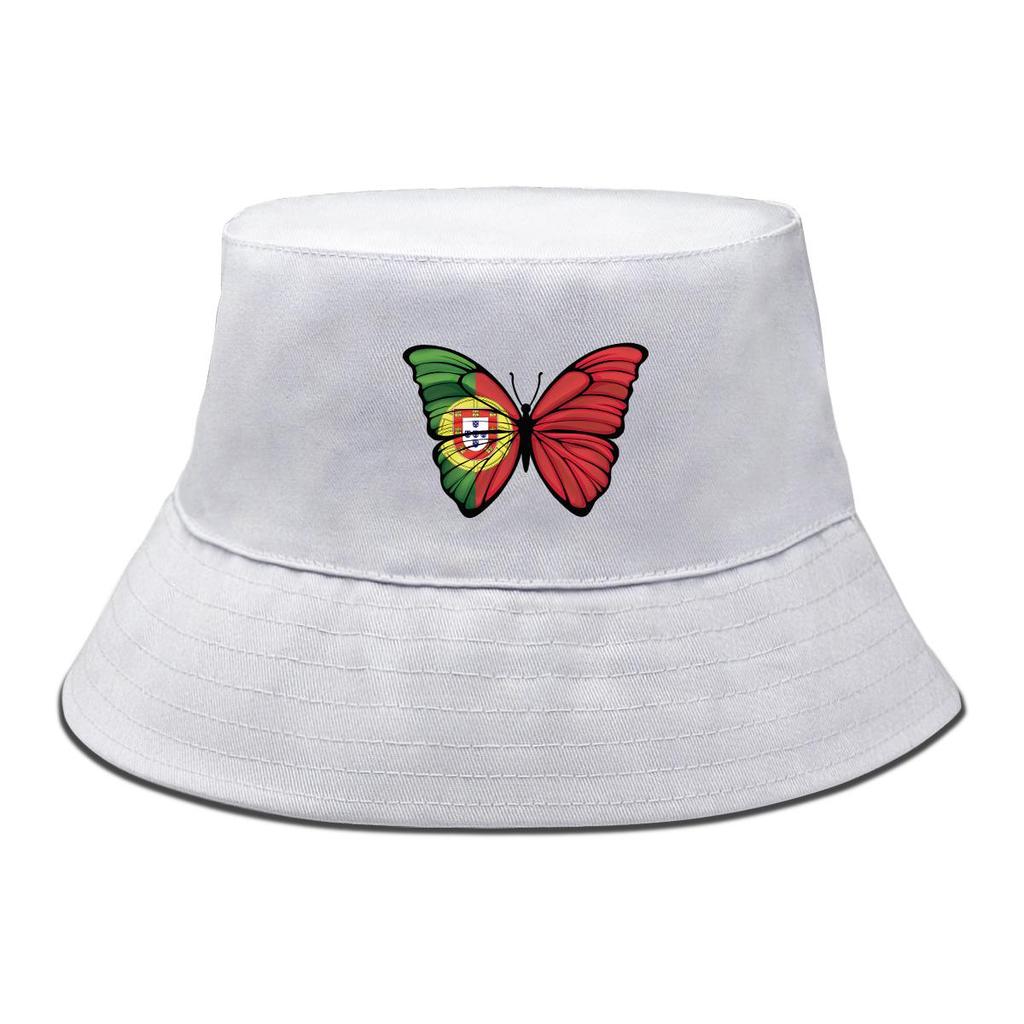 Bucket Hat With Butterfly Flag of Portugal Print , Patriotic Sun Cap Unisex Fashion Solid Color Beach Hat