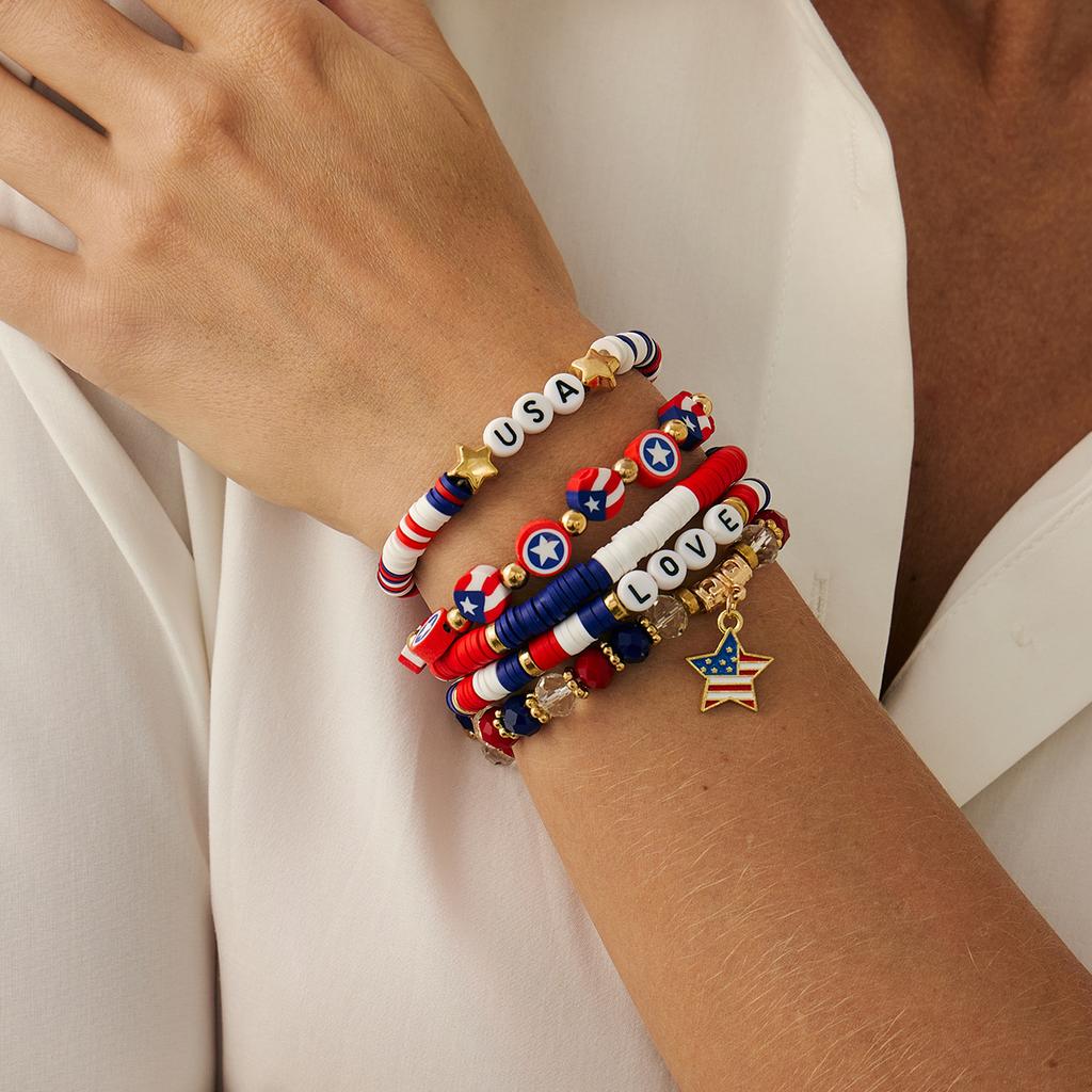 Independence Day Soft Pottery Beaded Letter Bracelet Set, Personalized Elastic Star Flag Contrasting Color Jewelry