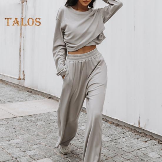 2 stk/sett Dame Topp Buksesett Rund Hals Langermet Uregelmessig Krysskant Genser Ensfarget Elastisk Høy midje Vide ben Bukser Sport Fitness