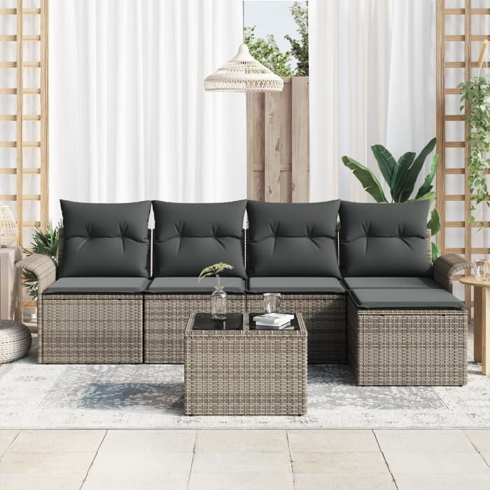 5-Piece Garden Sofa Set with Black Poly Rattan Cushions, 2-Seater Sofa with Storage and Gray Poly Cushions 3353998