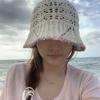 Stylish Round Top Knit Sun Hat With Floral Lace Trim Lightweight Sunscreen Bucket Cap For Summer