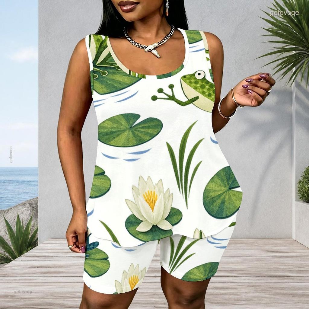 Women Plus Size Scoop Neck Sleeveless Peacock Feather Printed Tank Top And Shorts Two Piece Set
