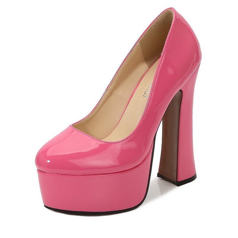 Kadın Rugan Yüksek topuklu ayakkabılar Bayan Su Geçirmez Platform Yüksek Topuklu Kadın Yuvarlak Ayak Kalın Topuk Tek Ayakkabı Kadın Ofis iş ayakkabısı OL Ayakkabı