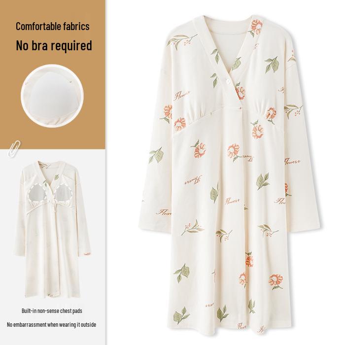 Bavlnová těhotenská noční košile s prsními vložkami pro předporodní a poporodní kojení, jarní/podzimní nošení