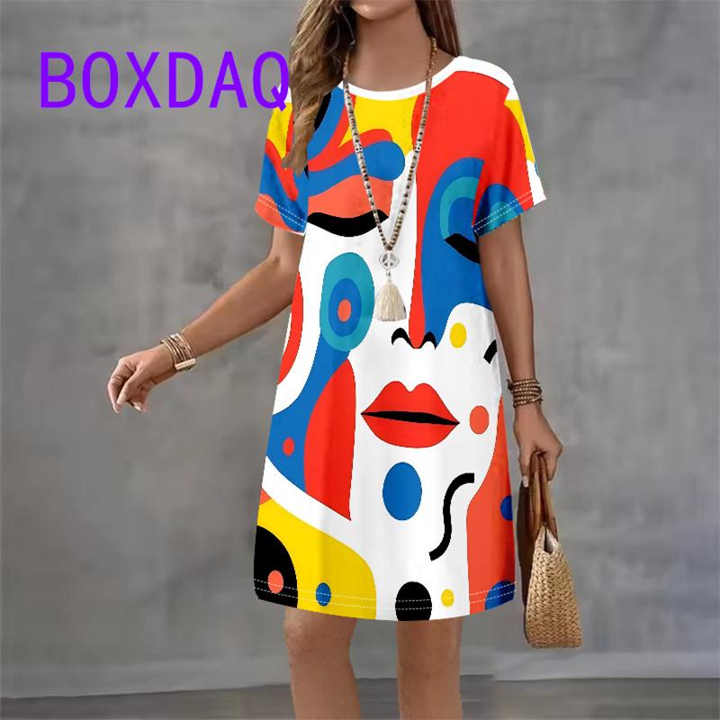 Retro Portrait Art Facial Pattern Women Dress Short Sleeve O-Neck Loose Casual A-Line Dress Summer New Street Ladies Sundress