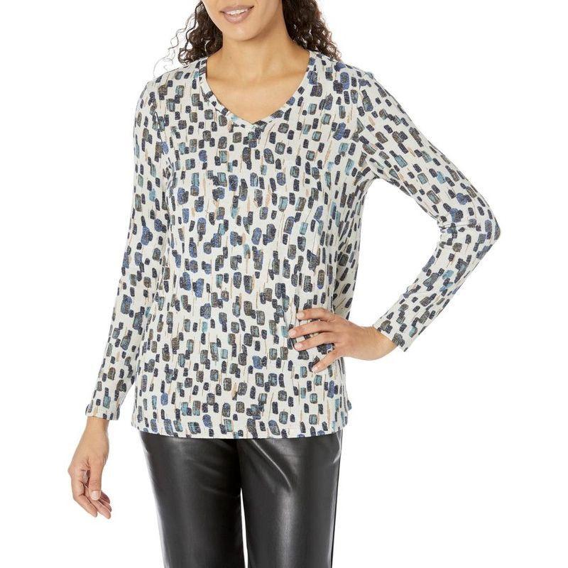 

Elastic Printed V-neck Knitting T-shirt Fall and Winter Base Clothing European and American plus Size Women s Clothes Fashion Thin and Comfortable 780 V Neck Blue Square S