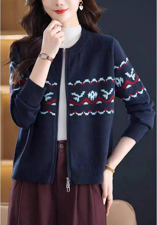 Women's Jacquard Color Block Zipper Cardigan - Soft Fluffy Knitwear, Casual Loose Fit, Round Neck Korean Style Sweater