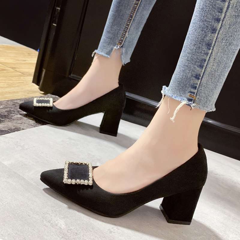 Work Shoes Women's Black Career Interview Work Dress Pointed High Heels Women's Thick Heels Medium Heel Comfortable Single Shoes Women's Shoes