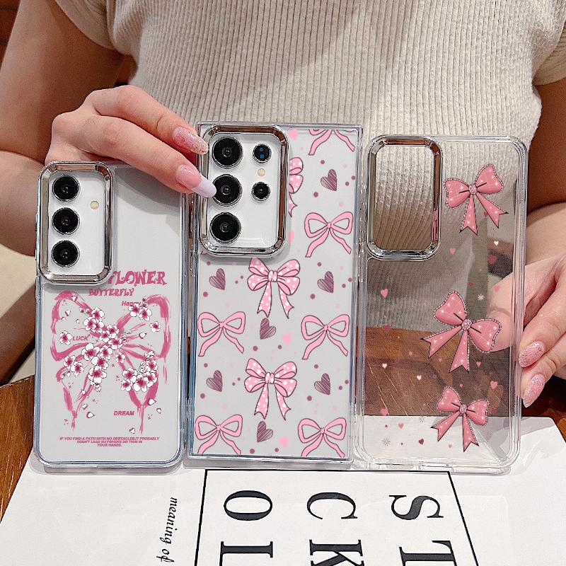 Pink Bowknots Print Case For Samsung S26 S25 Ultra S24 FE S23 Plus S22 S21 A15 A16 A17 A35 A36 A37 A54 A55 A56 A57 5G Plating Lens Soft Cover
