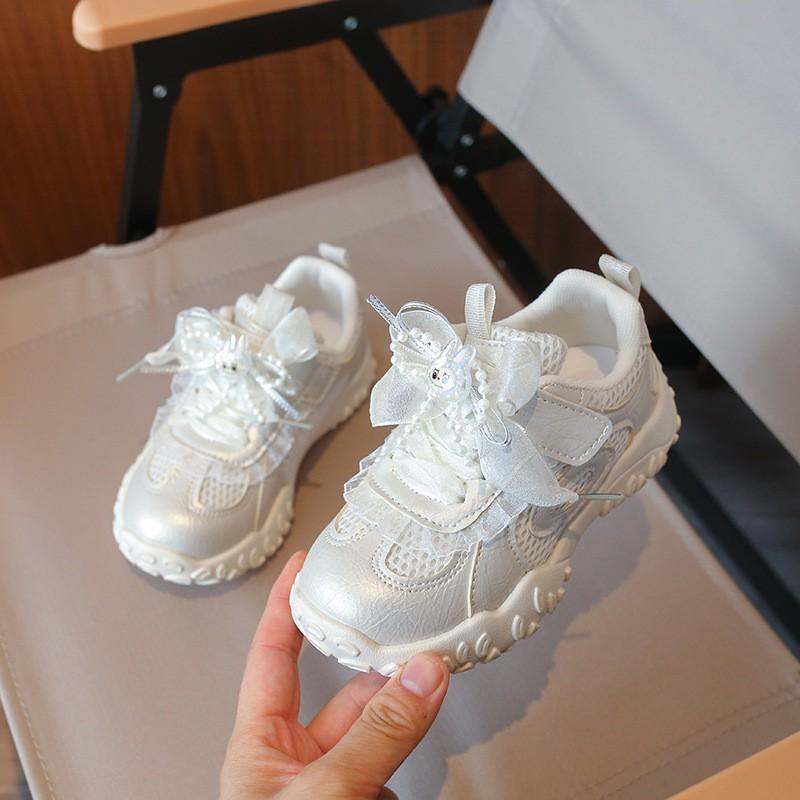 Girls Casual Sneakers With Bow Detail Mesh Upper Lightweight Non-Slip Sport Shoes Kids Ages 4-12