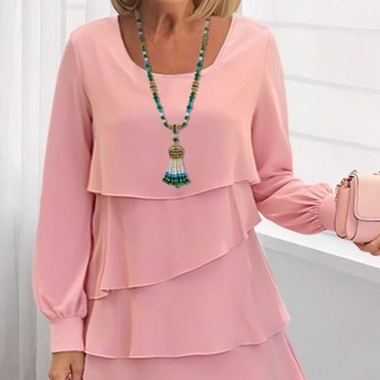 Women Dress Solid Color Multi Layered Cake Dress Round Neck