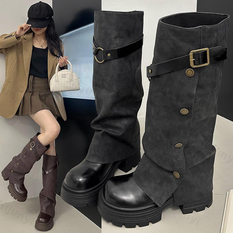 Fashion Women's Comfortable Knee-high Boots 2025 Autumn Fashion Belt Buckle Long Boots Mid-Heel Round Toe Outdoor Platform Botas Mujer