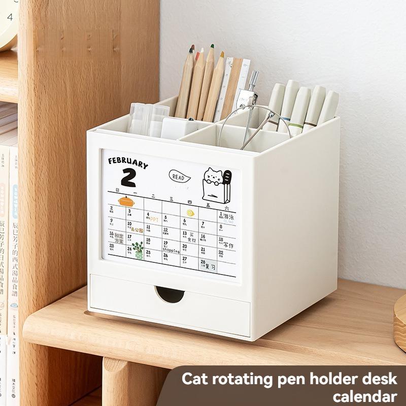 360-degree Rotating Desk Calendar Pen Holder Cute Cat Desktop Stationery Organizer Multi Functional Desk Calendar