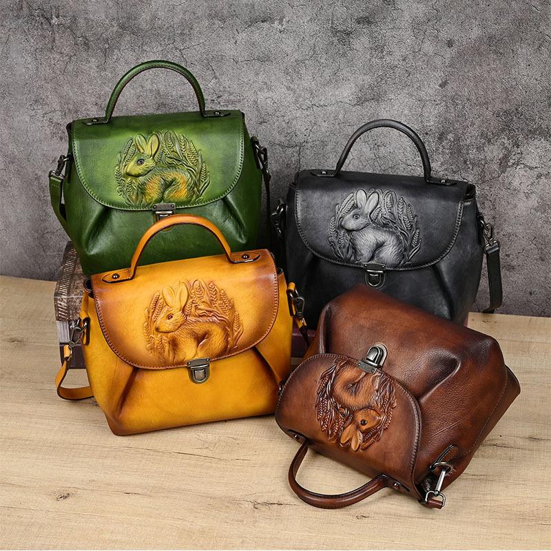 Johnature Rabbit Embossed Handbag Genuine Leather Retro Women Bag Versatile Real Cowhide Handmade Shoulder Bags