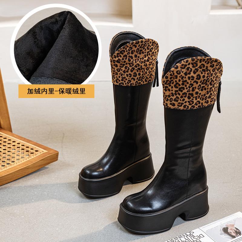 

Кожаные ботинки на толстой подошве, новые кожаные ботинки осень-зима 2025, высокие ботинки с леопардовым принтом, трендовая потертость, однотонные, модная задняя молния 39