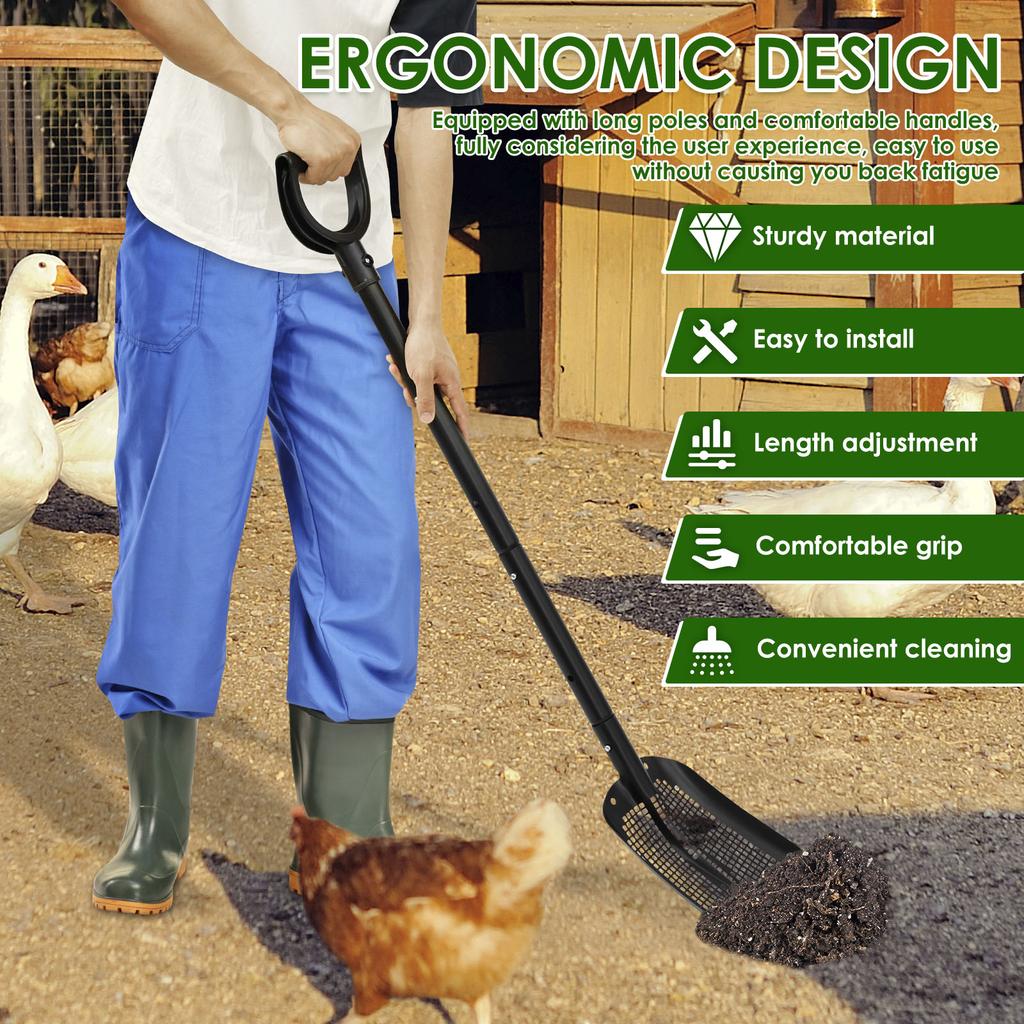 59-118CM Extendable Sifting Sand Shovel Aluminium Alloy Chicken Poop Scooper Chicken Coop Goat Stall Cleaning Tool for Gardening