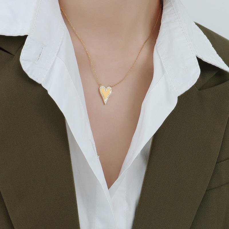 Korean Zircon Peach Heart Pendant Necklace in 18K Gold-Plated Titanium Steel
