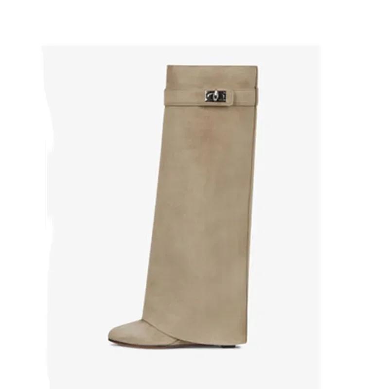 Elegant High Heel Mid-Calf Boots with Metal Buckles for Formal Banquets, Stylish Riding Boots for Women, Chunky Heel Dress Boots