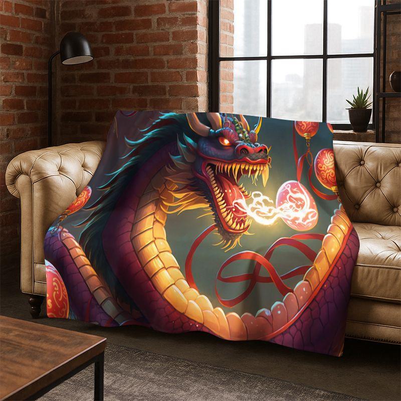 Chinese Dreamy Dragon Loong Cartoon Flannel Blanket Soft Warm Throw Blanket for Bedroom Living Room Bed Travel Camping Picnic